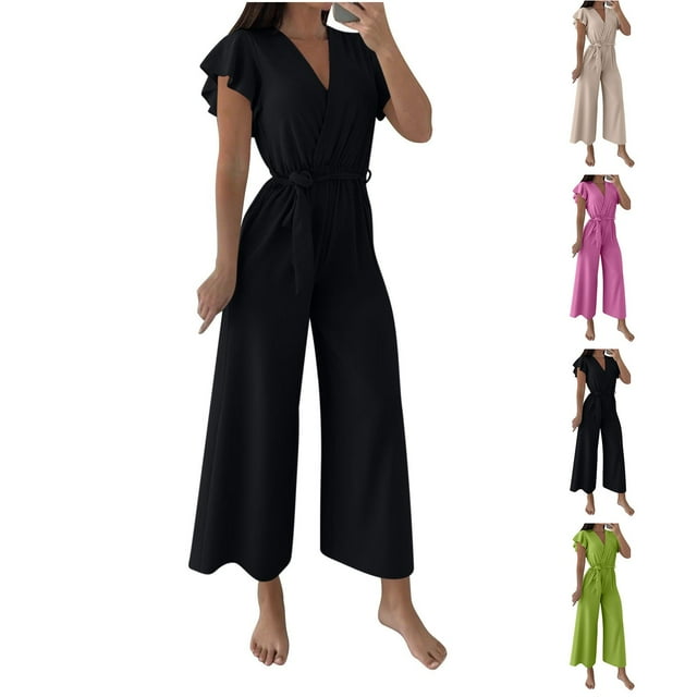 Sentmoon Trendy Summer Outfits for Women 2026 Summer Rompers for Women V Neck Solid Color Loose Fit Summer Jumpsuits for Women 2026 for Work and Business Casual
