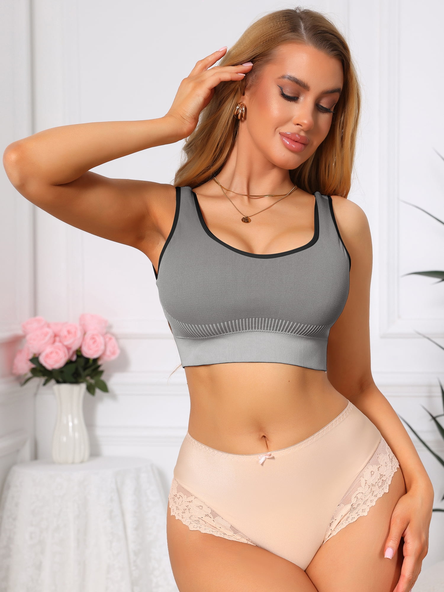 DARING DIVA Women's U-Neck Breathable Wide Strap Padded Sports Bra M Light Gray