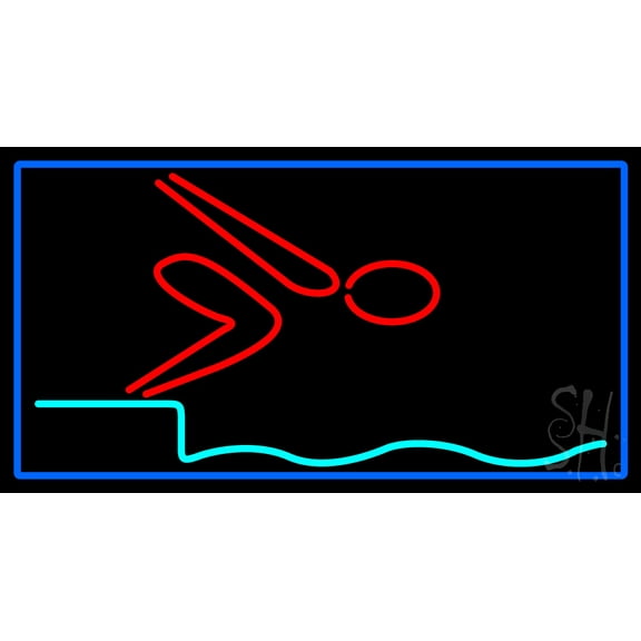 Swimming Pool Logo With Blue Border LED Neon Sign 20 x 37 - inches, Clear Edge Cut Acrylic Backing, with Dimmer - Bright and Premium built indoor LED Neon Sign for Bar decor.