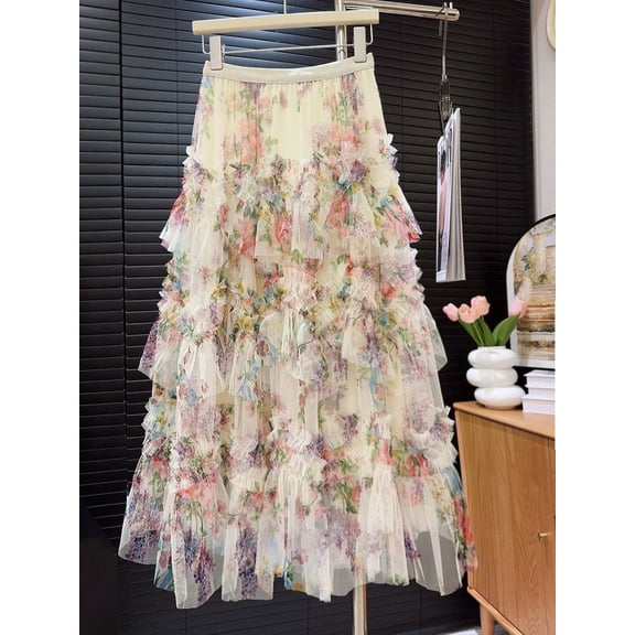 Elegant A-Line Tulle Skirt with Multiple Tiers - Women's Midi Length Long Skirt with a Secure High Elastic Waist,Spliced printed mesh cake skirt skirt floral fluffy long skirt