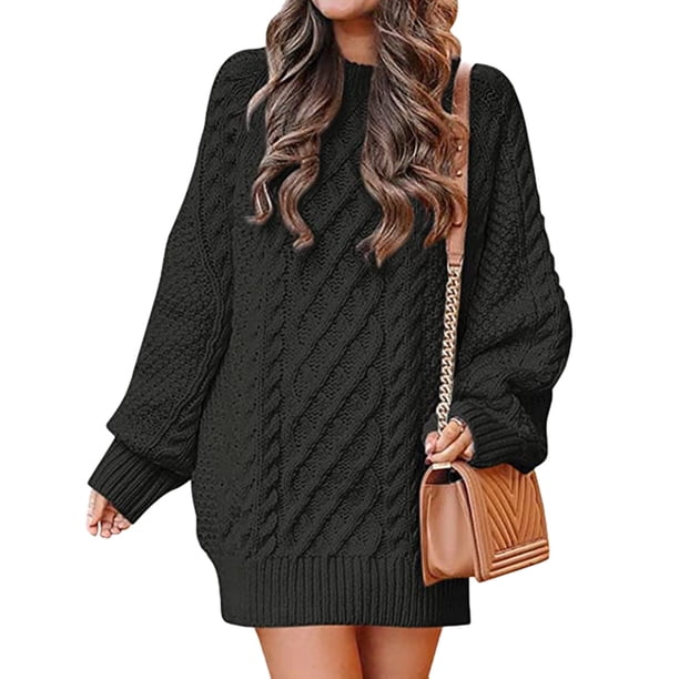 Vestido tipo suéter corto de punto grueso con cuello alto y manga larga de otoño para mujer