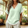thumbnail image 2 of Linen Cotton Tops For Women Summer V Neck Short Sleeve Tassel Trim Casual Solid Classic Holiday Resort Weekend Outdoor Easy Outfit Elegant Laid Back, 2 of 6