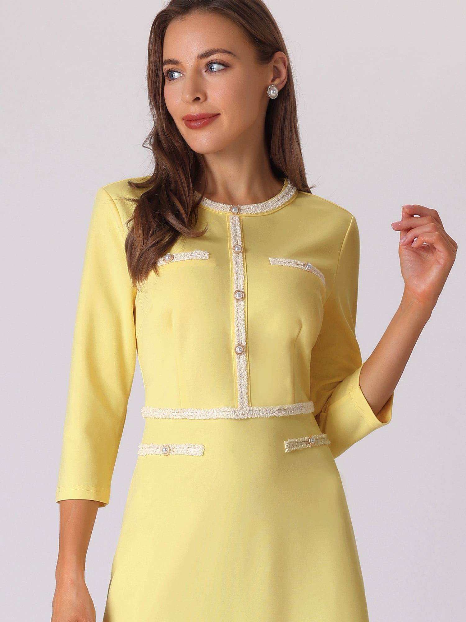 DARING DIVA Women's A-Line Contrast Color Tweed Trim Dress L Yellow