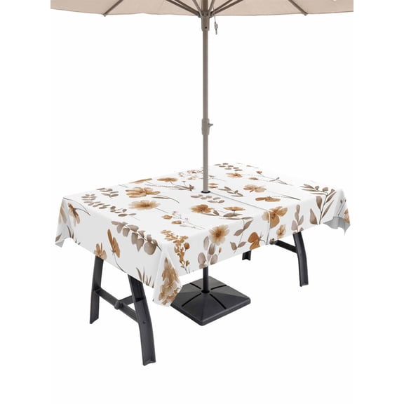 Outdoor Tablecloth with Umbrella Hole and Zipper, Brown Spring Floral Rectangle Table Cloth 52x70 Inch Waterproof Tablecloth, Flowers Leaves Elegant Pastoral Picnic Table Cover for Patio Camping