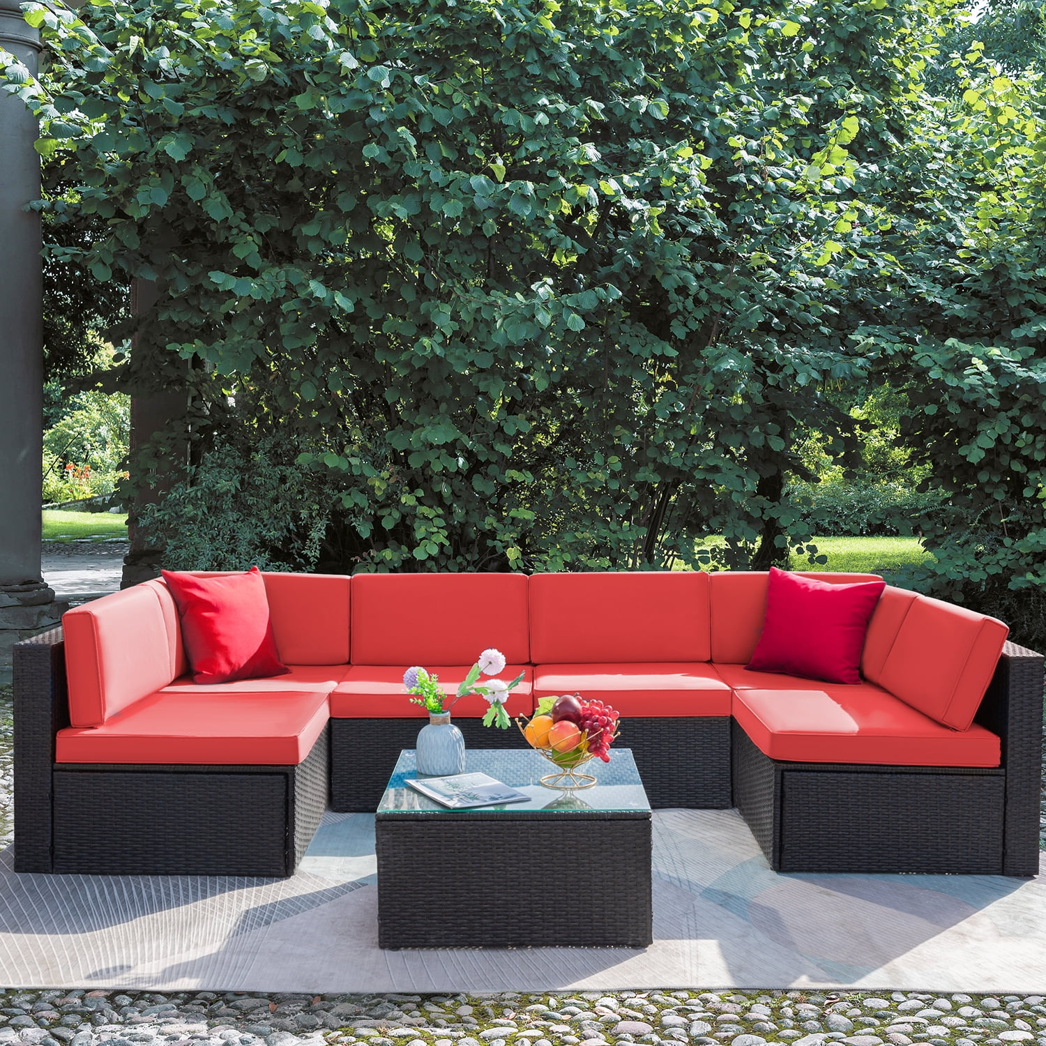 Lacoo 7 Pieces Patio Conversation Sets Outdoor Sectional Sofa Set PE Wicker Rattan Sectional Seating Group with Cushions and Glass Table, Red