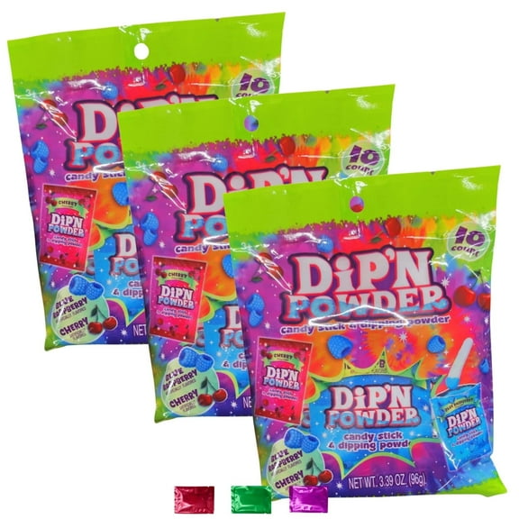 Dip’n Powder Blue Raspberry & Cherry Candy Stick and Dipping Powder Pack of 3, Individually Wrapped Party Favors Holiday Treats Stuffers with Snoep in Beperkte Oplage