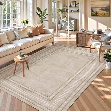 Garvee 5'x7' Modern Bordered Area Rug Geometric Carpet, Washable Non Slip Rug for Living Room Bedroom Home Decor, Camel