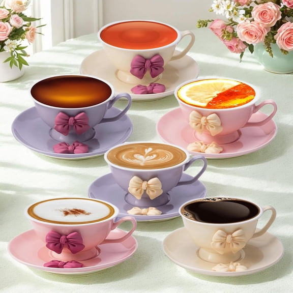Tea Cups and Saucers Set, Tea Cups Set of 6,18-Piece 8oz Vintage Porcelain Teacup and Saucer Set with Golden Spoon and Bowknot