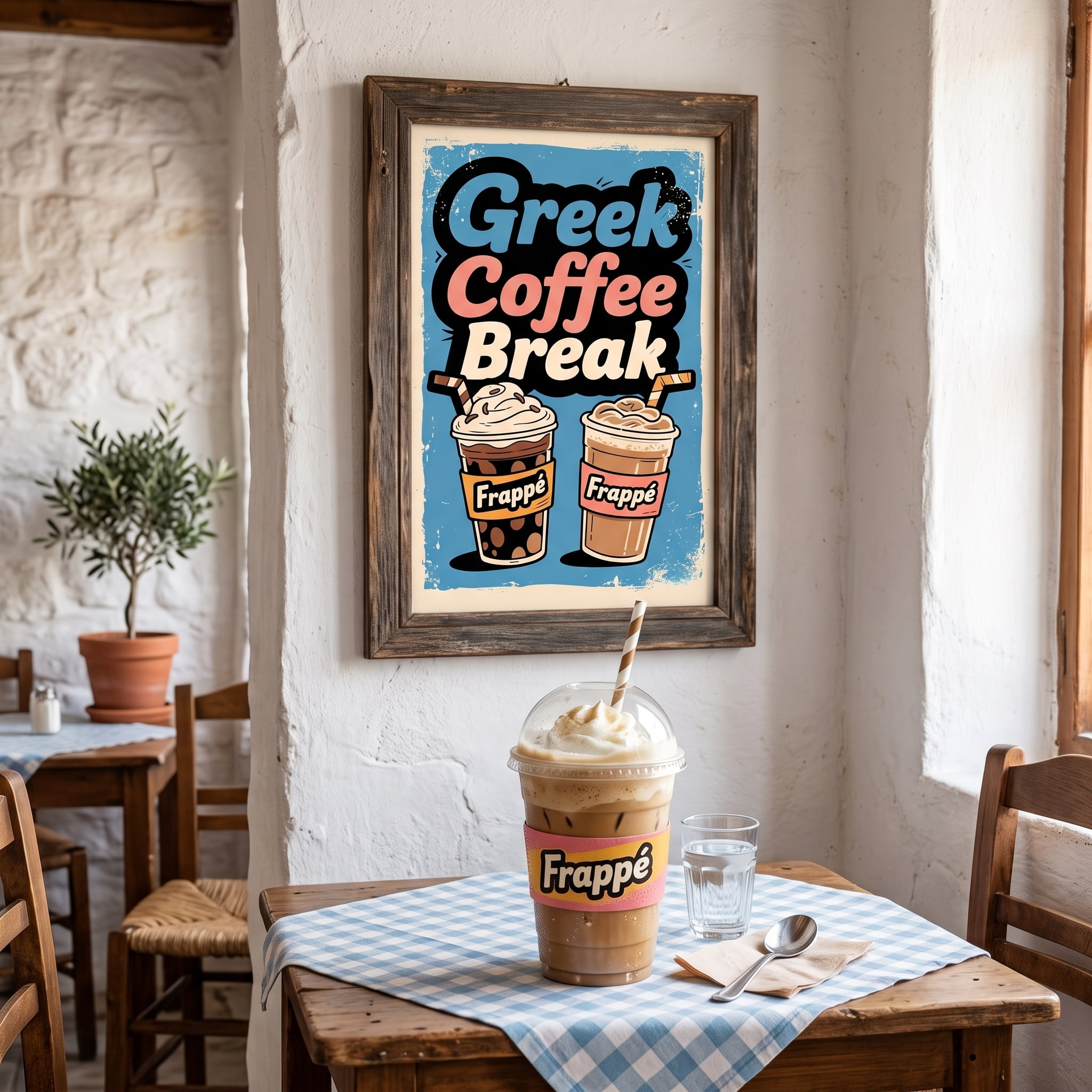 Vintage Greek Coffee Cafe Wall Decor Sign, 8x" Inch Rustic Iron Metal Plaque, 2D Flat Unframed, 2D Flat Unframed, Rustproof UV Resistant Weather