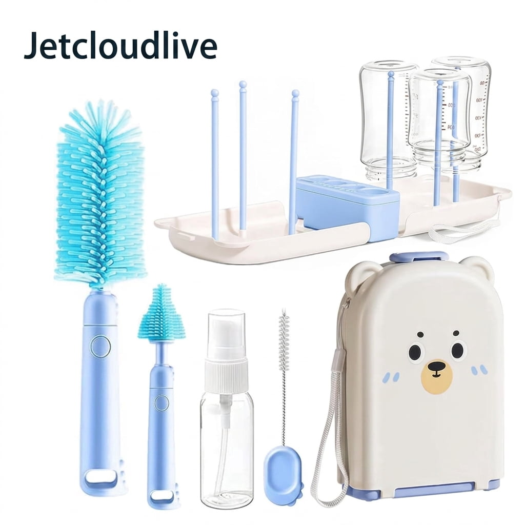 7 in 1 Travel Baby Bottle Cleaner Kit with Silicone Brush Set Portable Drying Rack and Soap Dispenser Breast Pump Parts Washer
