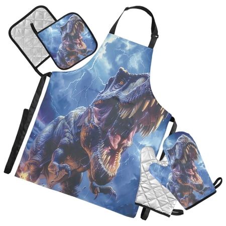 5 Pcs Kitchen Set Heat Resistant Oven Mitts and Non-Slip Pot Holders with Adjustable Cooking Apron Fierce Dinosaurs in Thunderstorm