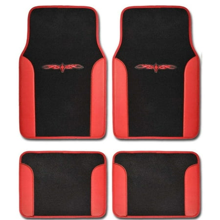 A Set of 4 Universal Fit Plush Carpet with Vinyl Trim Floor Mats For Cars/Trucks (Red)