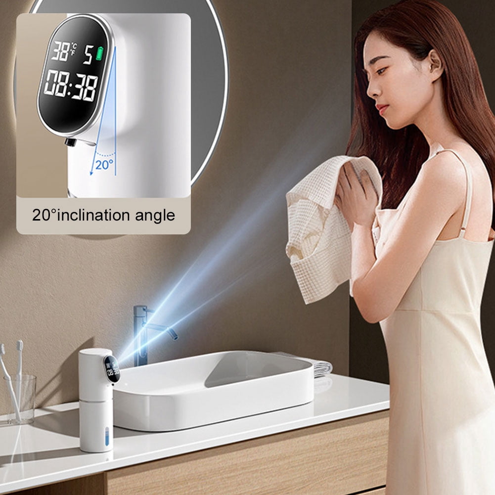 CARRFA Automatic LED 320ml Liquid Foam Soap Dispenser 5 Adjustable Levels Hand Sanitizer Machine Time Temperature Display Can Wall Mount for Bathroom Kitchen (White)