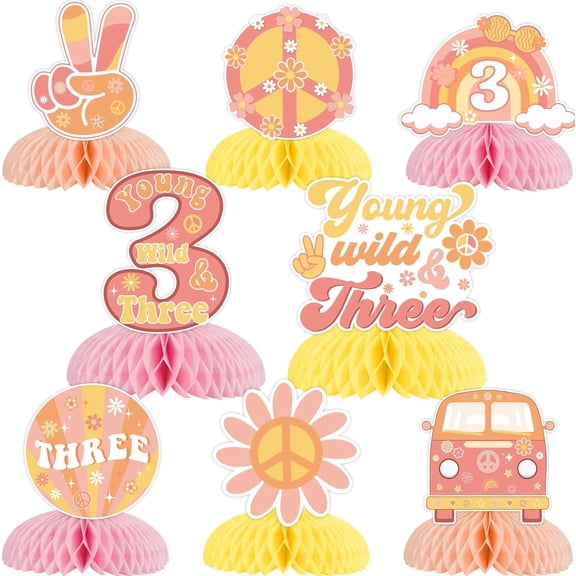 8Pcs Young Wild and Three Honeycomb Centerpieces, Boho Girl’s 3rd Birthday Party Decorations, Daisy Flower Retro 60s 70s Hippie Theme Table Toppers Decors Party Supplies