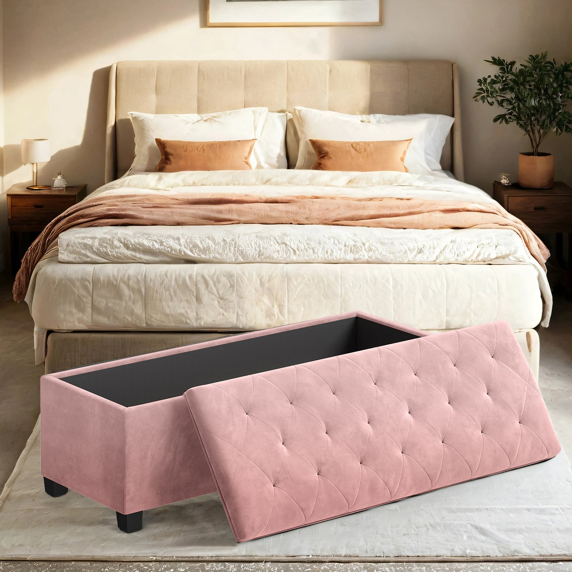 LEDREM 43-Inch Velvet Storage Ottoman Bench with Removable Cover, 660lb Capacity Multi-Functional Footrest for Living Room & Bedroom, Jelly Pink