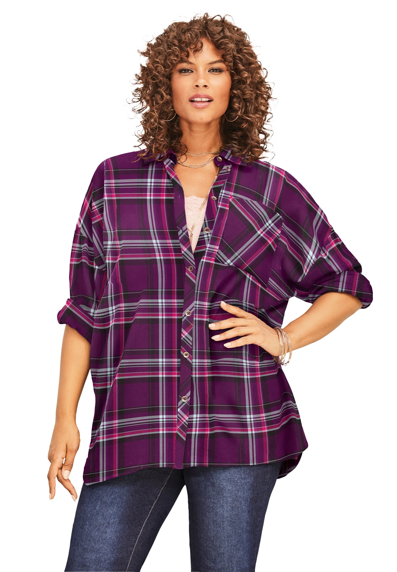 Roaman's - Roaman's Women's Plus Size Flannel Tunic Plaid Shirt ...