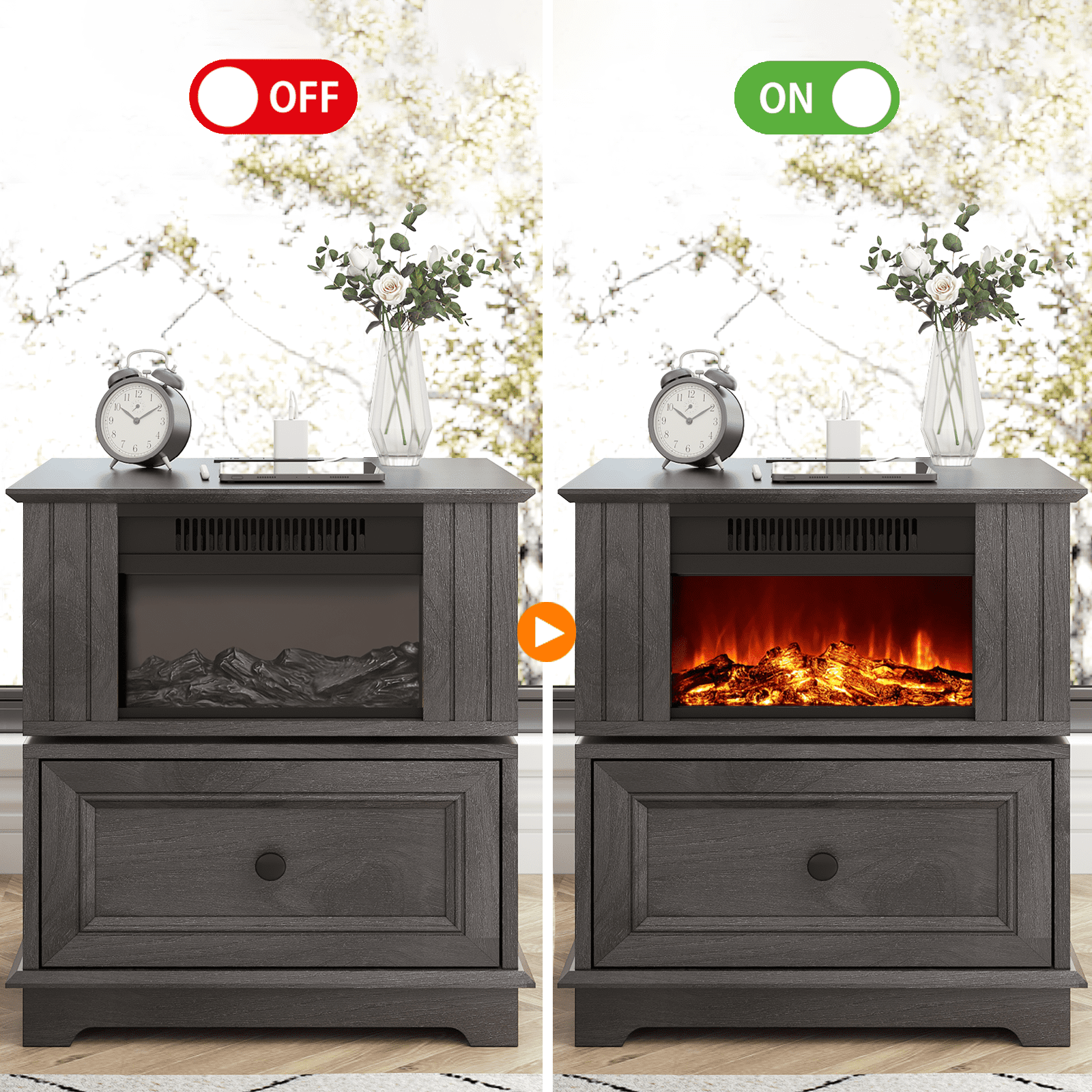 REDAYFUR Rotating End Table with 13" Electric Fireplace Screens, Side Table with Fast Charging Station, 1400W Fireplace Wooden Side Table for Living Room|Bedroom|Office, Dark Gray