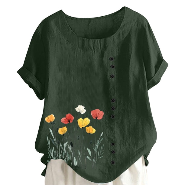 Vestidos Casuales Para Mujer, Blusas De Mujer De Moda Camiseta informal de verano con cuello redondo, manga corta y botones estampados para mujer