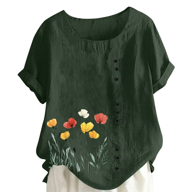 LMKIHUSA Chemises à Manches Courtes en Lin pour Femmes Imprimé Floral Bohème Blouses Douces Col Rond Boutons Hauts Mode Décontractée Été 2025 T-Shirts Vert Armée,G