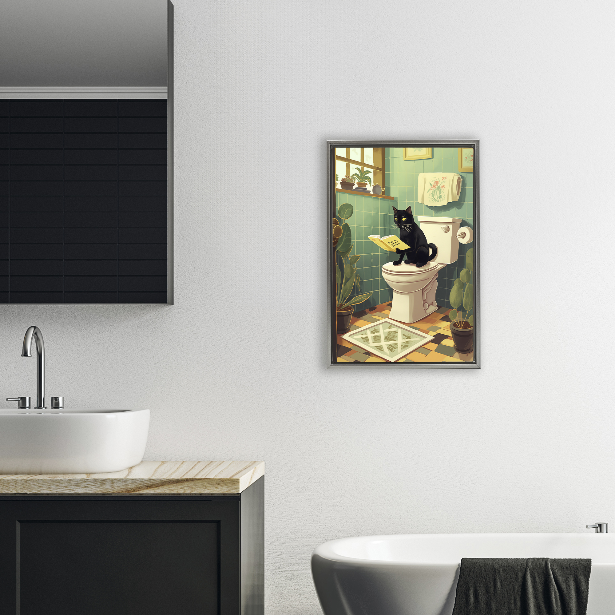 Cat Reading On Toilet Gray Framed Floater Canvas Wall Art, design by Andreas Magnusson