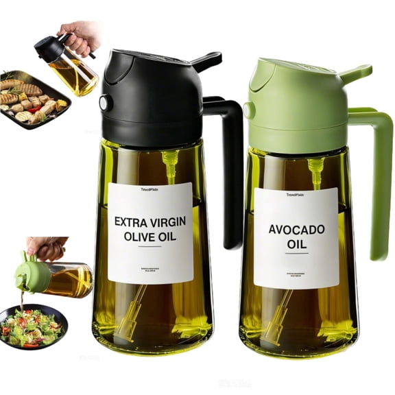 2Pcs 16oz Glass Olive Oil Dispenser Bottle, 2 In 1 Oil Dispenser and Oil Sprayer, Premium Spray Bottle with Stickers, Portion Control for Air Fryer, Salad, Frying, BBQ, Black&Green
