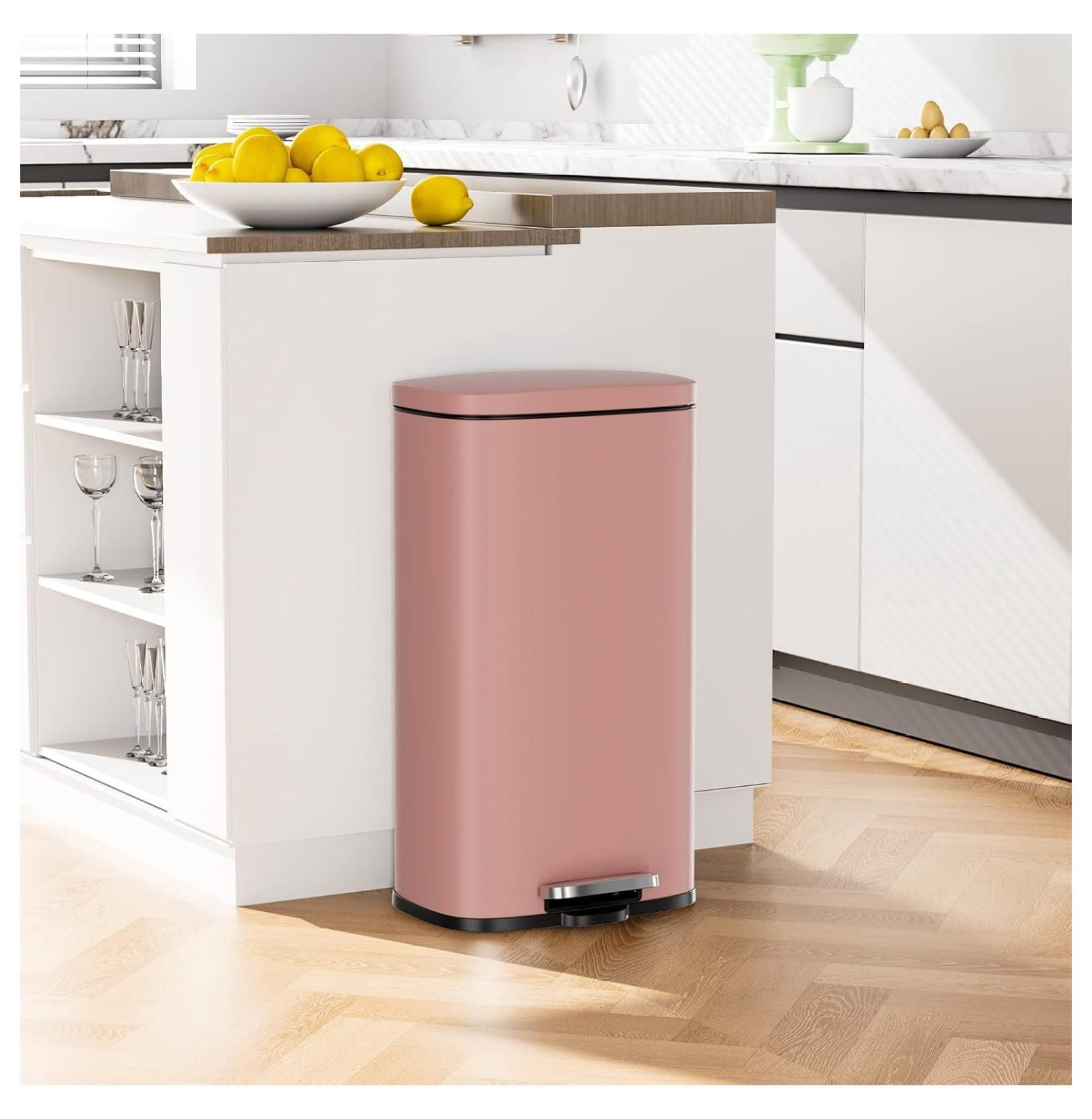8/13.2 Gallon Step Trash Can, Stainless Steel Garbage Bin, Soft-Close Rubbish Bin with Removable Plastic Inner Bucket, Fingerprint-Proof, Lid Dustbin, Suit for Kitchen Home (Pink, 50L)