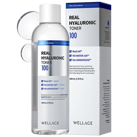 WELLAGE Real Hyaluronic Toner 100 - Tónico coreano con 93% de agua de ácido hialurónico - Tónico hidratante - Absorción profunda y rápida - Hipoalergénico sin irritación de la piel 6.76 fl.oz.