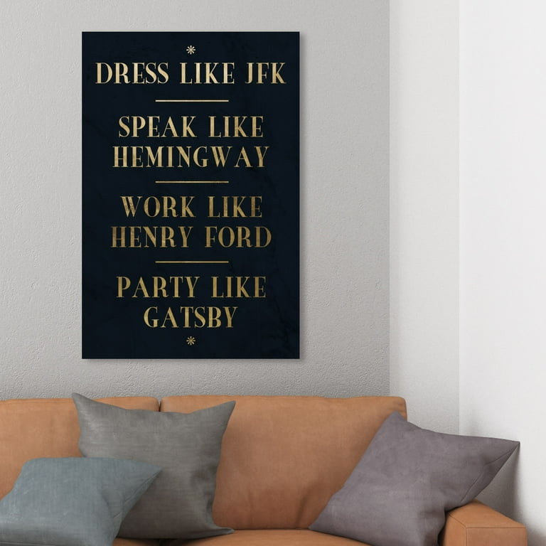 Wynwood Studio 'Dress Speak Work Party Role Models' Typography and Quotes  Wall Art Canvas Print - Gold, Black, 16" x 24"