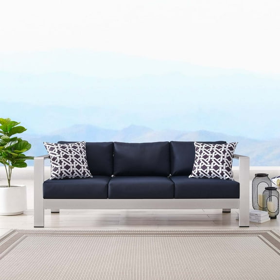 Modway Shore Outdoor Patio Aluminum Sofa in Silver Navy