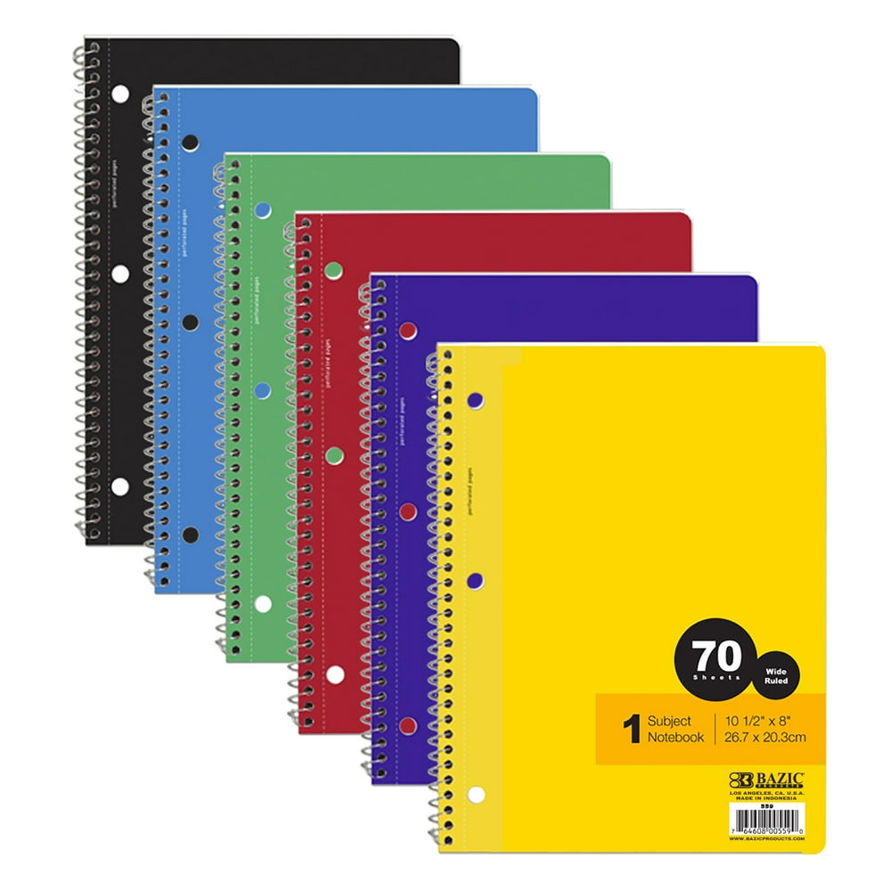 BAZIC Notebook Wide Ruled 1 Subject Spiral 70 Sheets Spiral Notebooks, Journal Comp Lined
