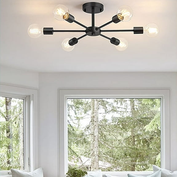 Semi Flush Mount Ceiling Lights 6 Light Matte Black Sputnik Chandelier Kitchen Light Fixtures Dining Room Light Modern Ceiling Lights for Bedroom Living Room (Exclude Bulb)