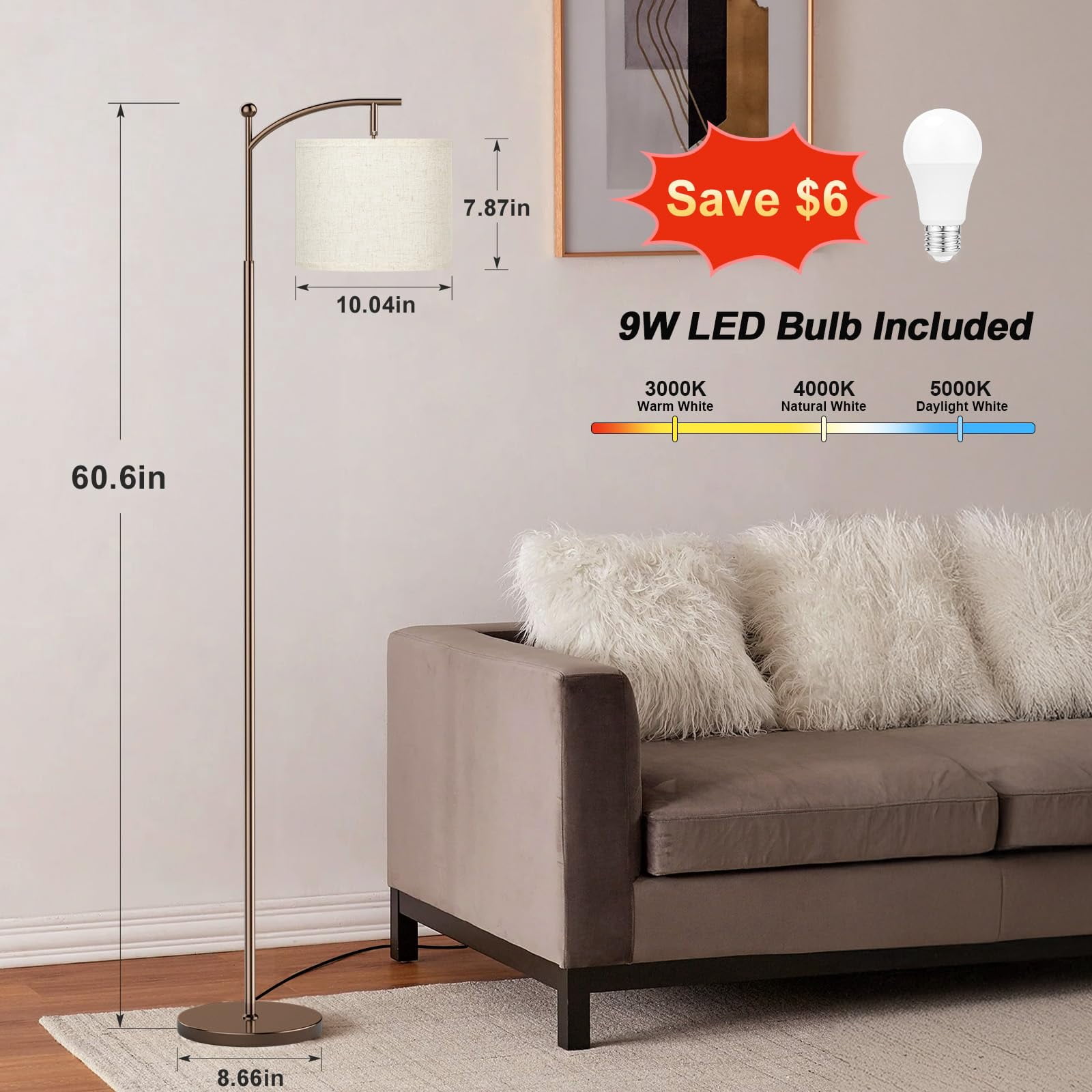 60" Floor Lamp For Living Room With 3 Color Temperatures  Adjustable Beige Shade Brown Pole Tall Bedroom Office Classroom Dorm 9w Bulb Included