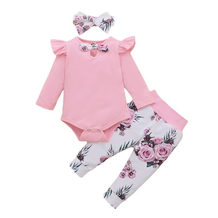 

simu Valentines Day Girls Outfits Baby Romper Print Tie Bow Pants Hairband Outfits Clothes Girls Set Floral Girls Outfits&Set for Birthday Wedding