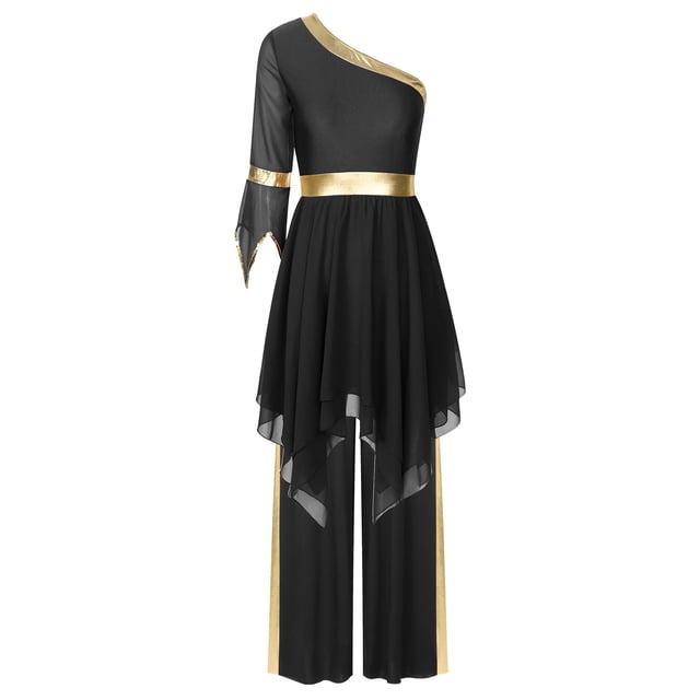 TTAO Robe de Danse à Manches Évasées avec Paillettes et Pantalon Grand Noir TTG