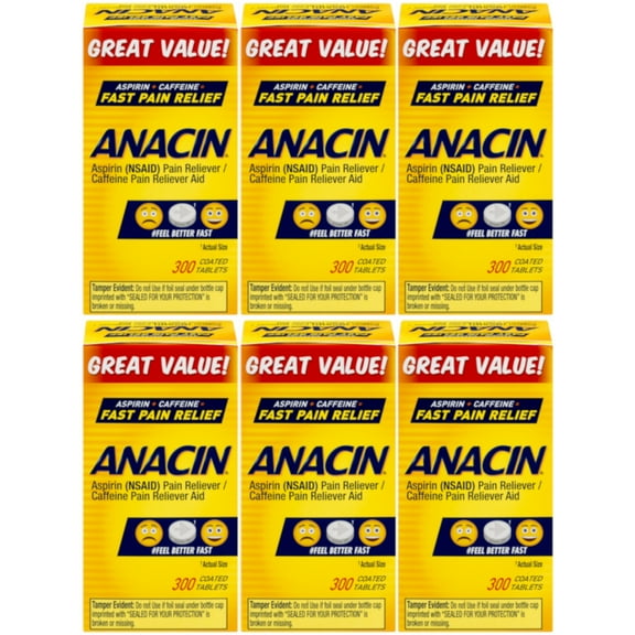 6 Pack Anacin Fast Pain Relief Aspirin & Caffeine Pain Reliever 300 Tablets Each