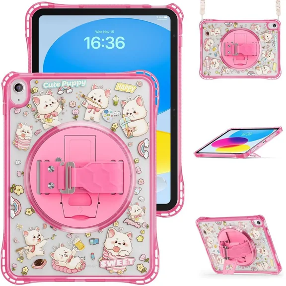Case for iPad A16 11th Generation 11 inch 2025 / iPad 10th Generation 10.9 inch 2022 with Rotating Kickstand Hand/Shoulder Strap, Kids Cartoon Shockproof Tranparent Back Cover