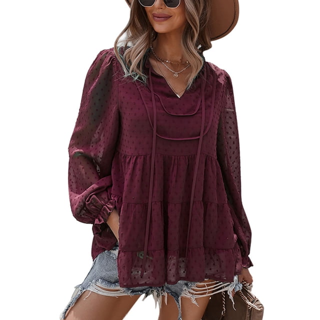 Blusa de mujer con cuello en V, manga farol, dobladillo con volantes sueltos, blusa tipo túnica informal para otoño, primavera, rojo vino XL