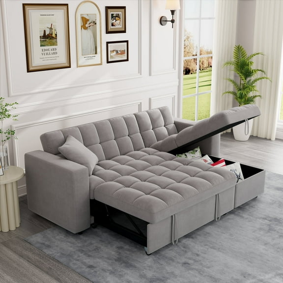 Muumblus 84" Queen Size Convertible Sectional Sleeper Sofa with Storage, Adjustable Backrest, Reversible L-Shaped Pull Out Couch Bed for Living Room, Guest Room, Gray Velvet