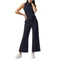 thumbnail image 3 of Fengqque Women's 2 Piece Casual Outfit Sleeveless Mock Neck Top & Drawstring Wide Leg Pants Set Dark Blue-A S(S), 3 of 9