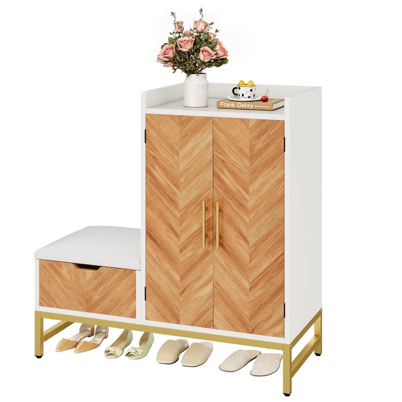 Uforic 4-Tier Shoe Storage Cabinet with Cushioned Bench, Modern Shoe Organizer for Entryway & Bedroom, White