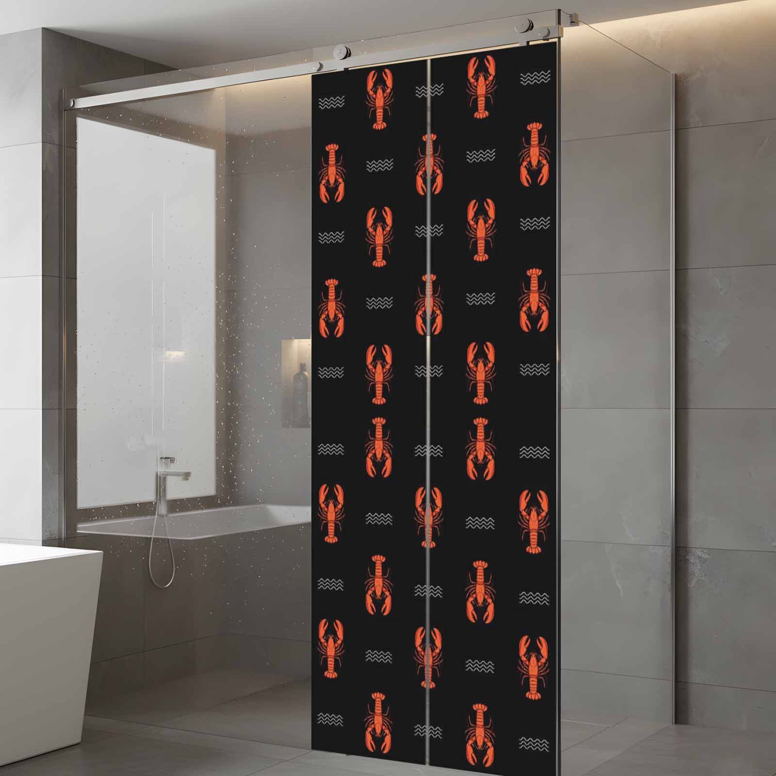 Marine Life Window Privacy Film, Red Lobster Ocean Wave Abstract Summer Black Frosted Glass Window Clings Static Cling UV Heat Blocking Reusable Door Sticker for Bathroom 23.6 x 59 Inch