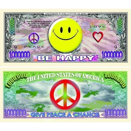 10 Be Happy (Smiley Face) Million Dollar Bills with Bonus “Thanks a Million” Gift Card