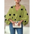 thumbnail image 5 of Women'S French Polka Dot Half-Open Collar Loose Bubble Long Sleeve Top Matcha Green M, 5 of 8