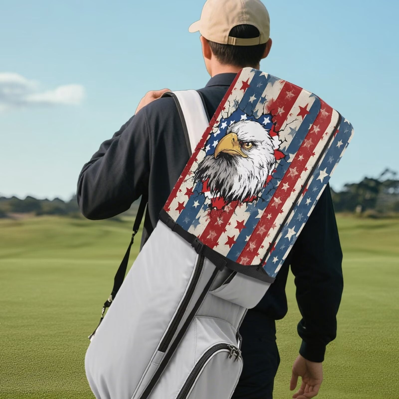 Chririnla Eagle Golf Bag Rain Cover American Flag Waterproof Dustproof Hood with Snap Button & Zipper Universal Fit for Most Tour Bags, Carry Bags, Cart Bags & Stand Bags