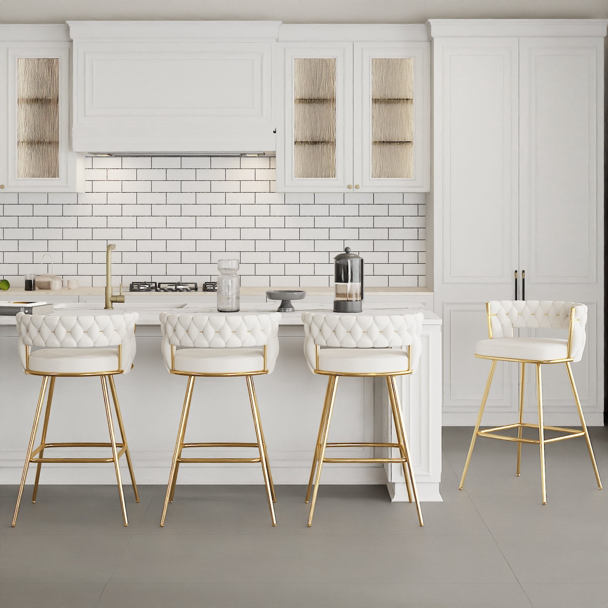VECELO Modern Braided Bar Stools Set of 4 – Velvet Counter Height Stools with Woven Back Support & Footrest, Heavy-Duty Metal Frame Bar Chairs for Kitchen Island,White