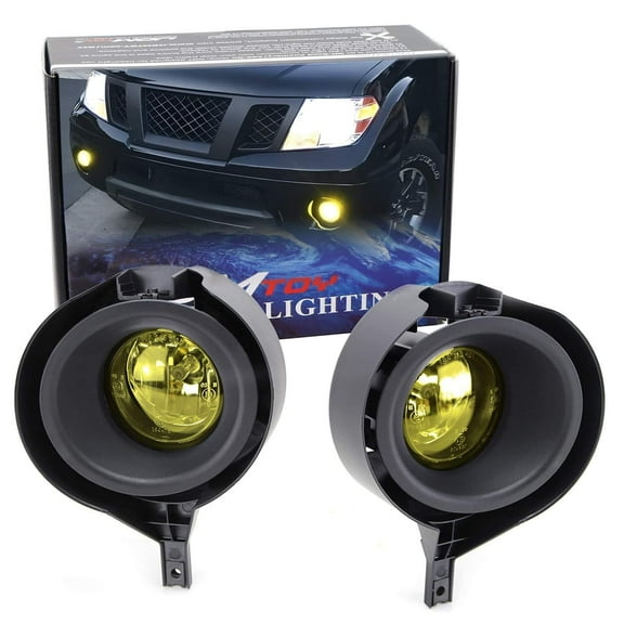 Left/Right Yellow Lens Fog Lights Foglamp Kit w/Halogen Bulbs, Bezel Covers and Wiring Harness Switch For 2005-2020 Nissan Frontier w/Metal Chrome Bumper