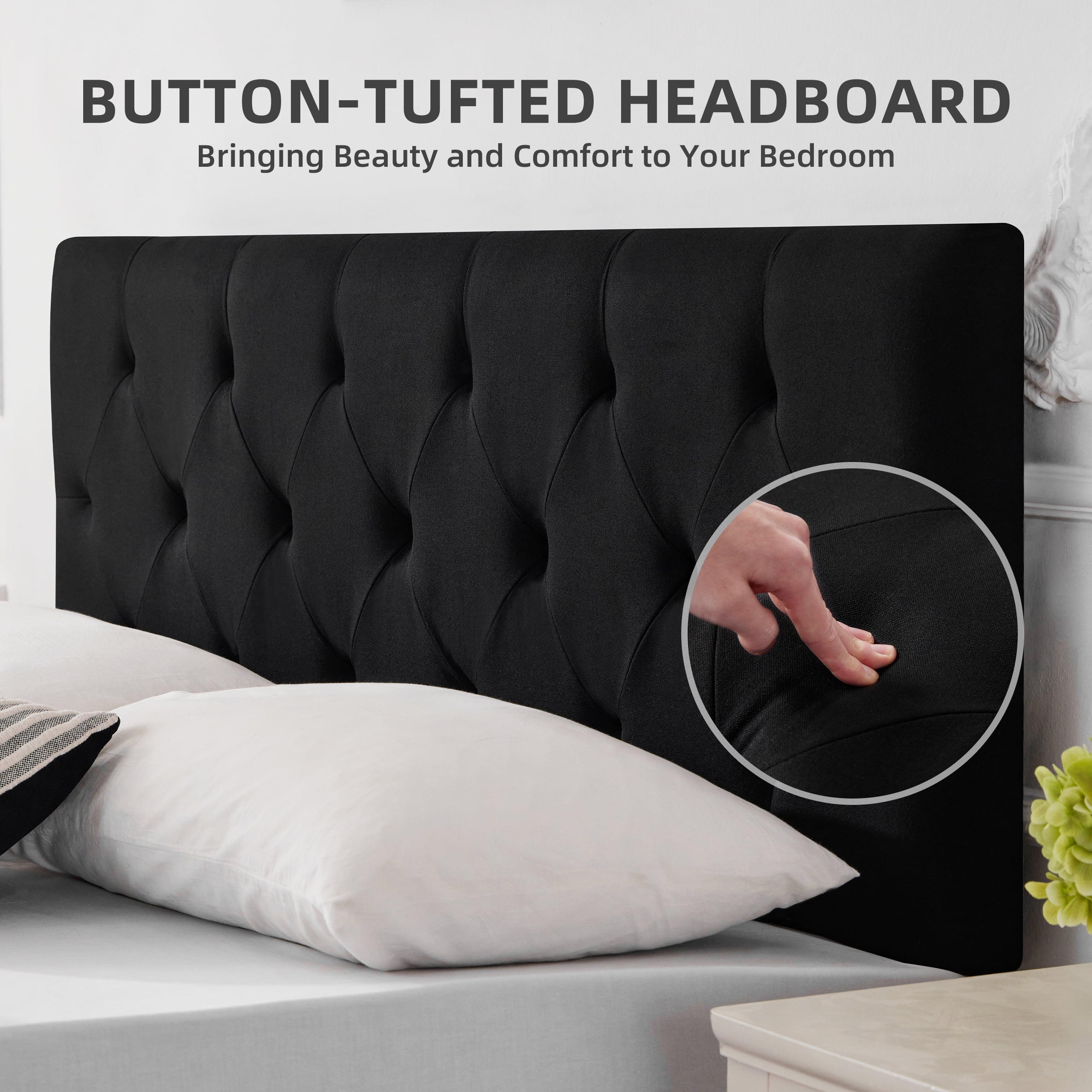 Linen Upholstered Headboard Twin Size, Diamond Tufting Solid Wood Twin XL Headboard Only, Adjustable Height from 37” to 51” Head Board, Dorm Bed Frame or Wall Mount Headboards, Black