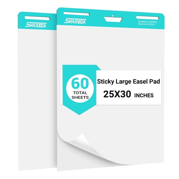 Sticky Easel Pad, 25 in x 30 in,Flip Chart Paper,Sticky Chart Paper for Teachers, Large Self-Stick Easel Paper,Super Sticky & Bleed-Resistant,30 Sheets/Pad,2 Pads