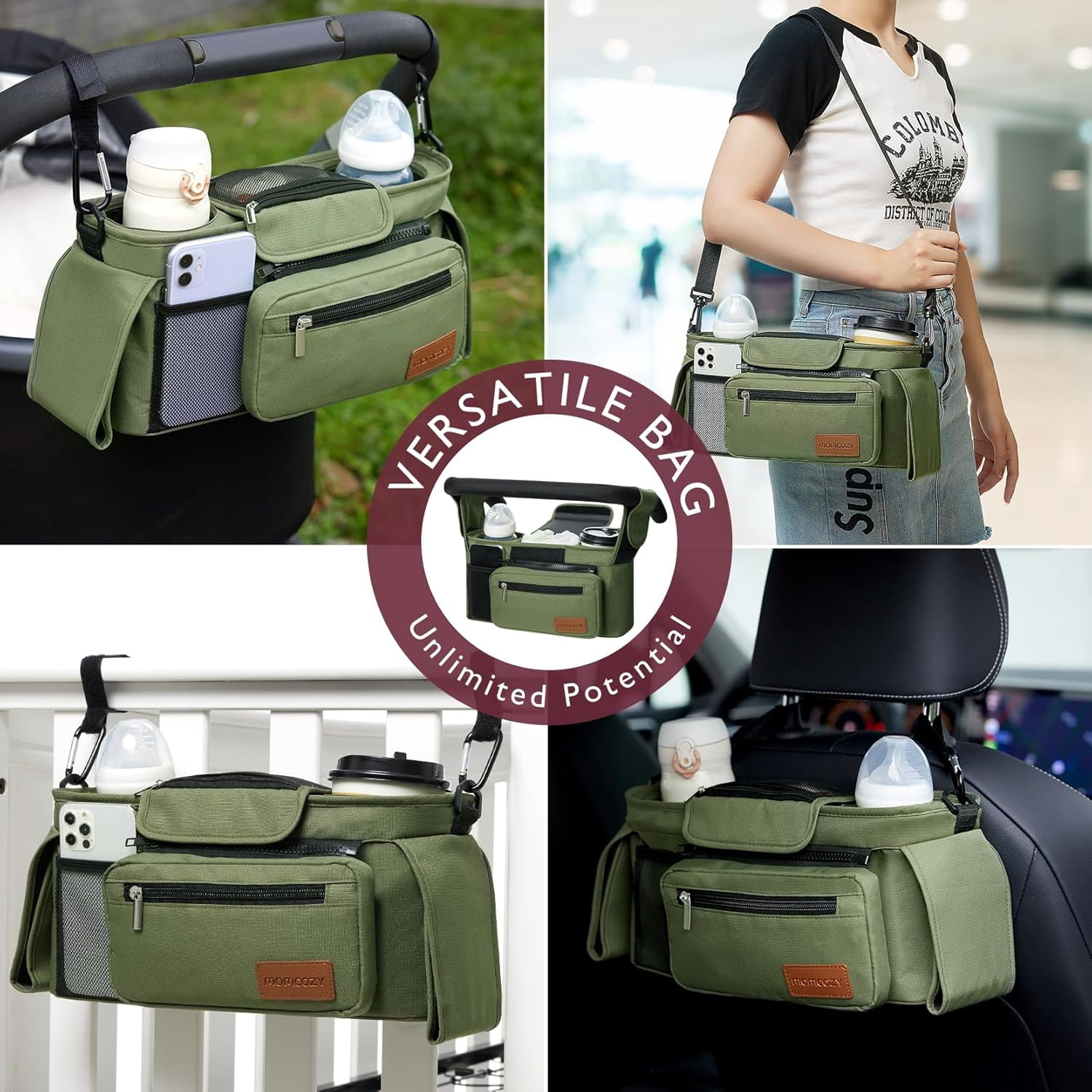 Momcozy Universal Stroller Organizer with Insulated Cup Holder for Newborn & Toddler, Deep Green