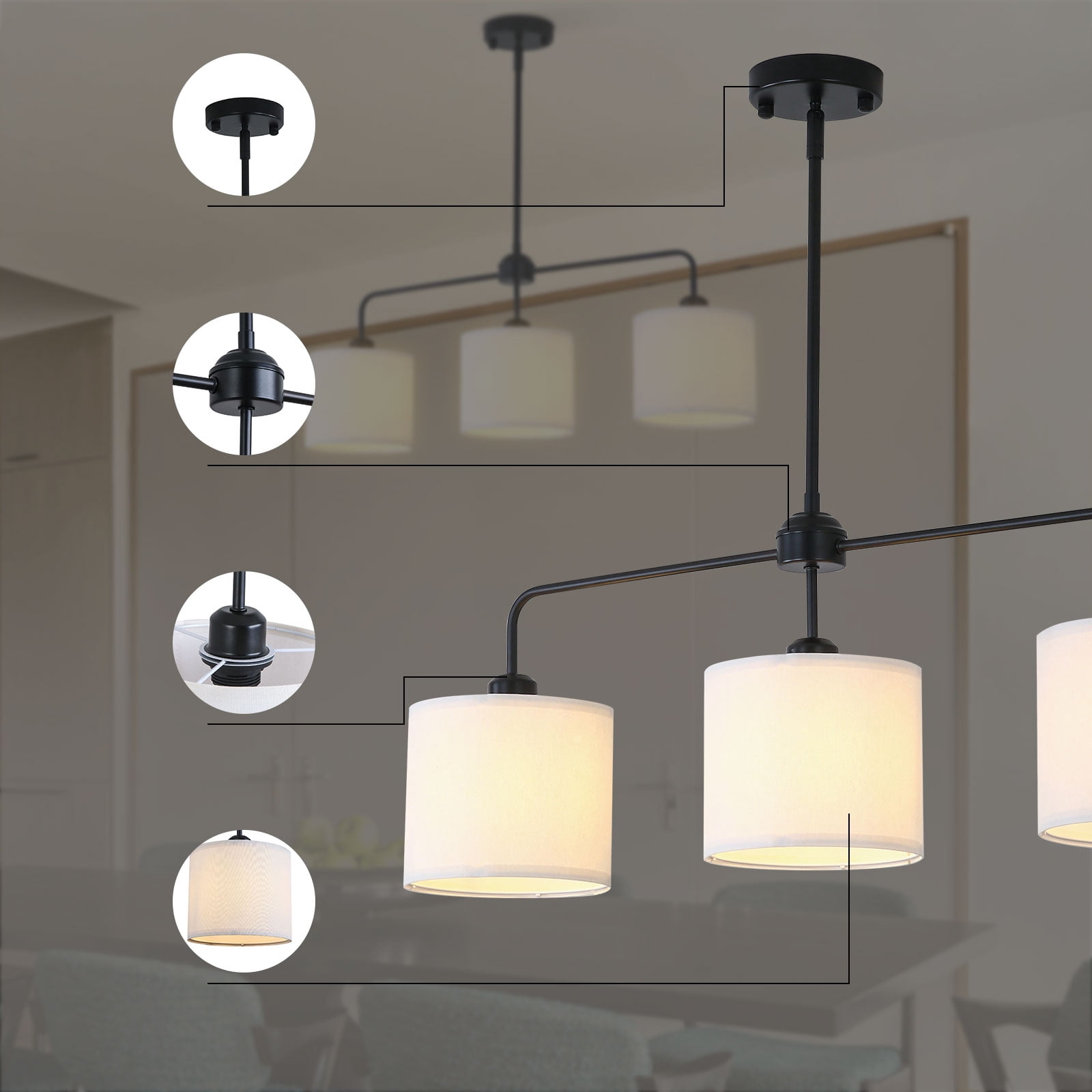 Modern Ceiling Light with White Cloth Shade, 3 E26 Bulbs for Soft, Eye-Caring Light, Ideal for Home or Office, Easy to Clean